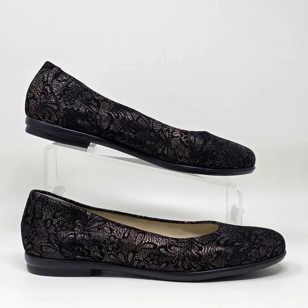 SAS Womens Scenic Floral Ballet Flats Black Suede Made In USA Sz 10 N Pre-owned